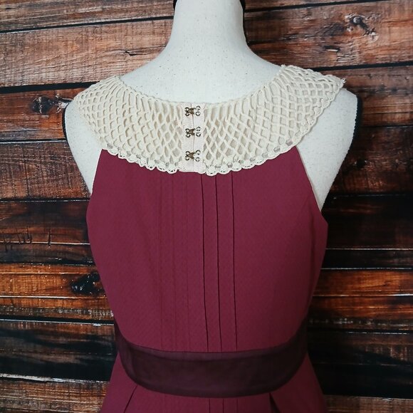 Floreat Anthropologie Dress 6 Retro Raspberry Crochet Yoke Collar Pockets - Picture 5 of 12